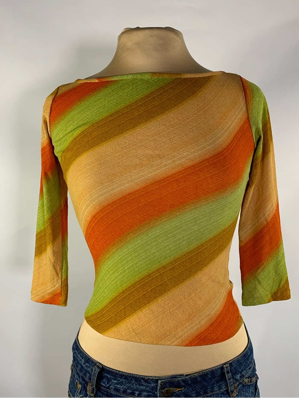 Vintage Y2K Striped Mesh Boat Neck Top Orange Green Brown